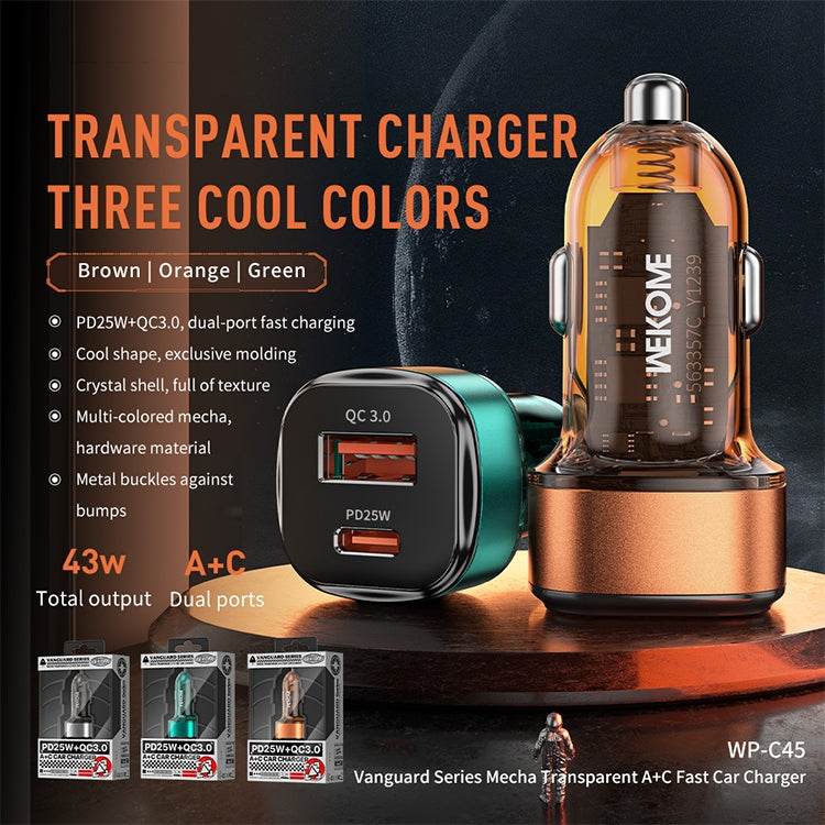 WK WP-C45 Vanguard Series Mecha Transparent USB+Type-C Fast Car Charger, WP-C45 (Orange), WP-C45 (Green), WP-C45 (Grey)