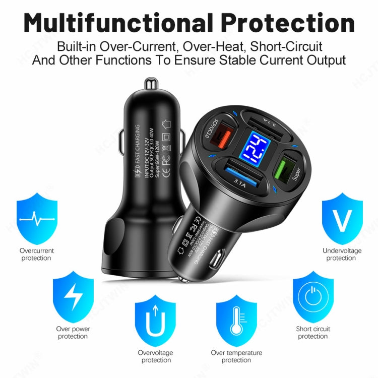 66W 4 in 1 Digital Display Fast Charging Car Charger with Voltmeter, 66W