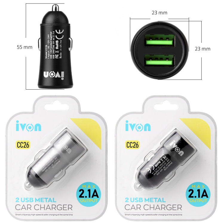 IVON CC26 5V 2.1A Dual USB Port Mini Car Charger, CC26 Grey