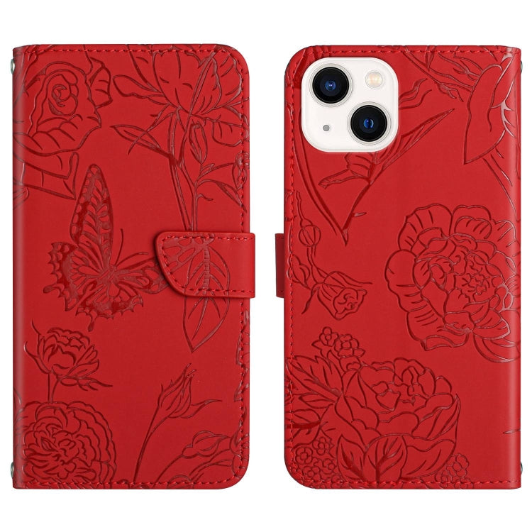 Skin Feel Butterfly Peony Embossed Leather Phone Case, For iPhone 14, For iPhone 14 Plus, For iPhone 14 Pro, For iPhone 14 Pro Max