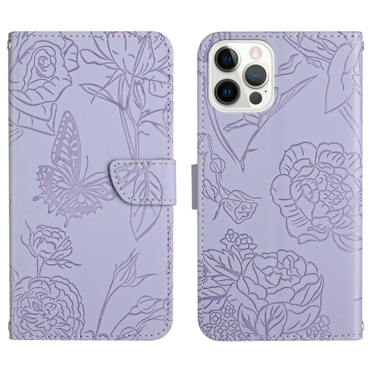 Skin Feel Butterfly Peony Embossed Leather Phone Case, For iPhone 14, For iPhone 14 Plus, For iPhone 14 Pro, For iPhone 14 Pro Max