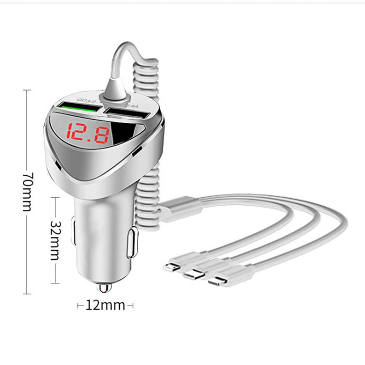 C68 LED Digital Display QC3.0 Fast Car Charger 3 in 1 with Spring Cable