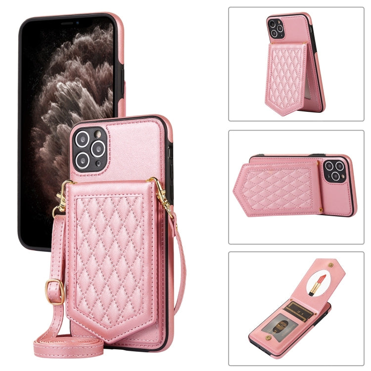 Rhombic Texture RFID Phone Case with Lanyard & Mirror, For iPhone 11 Pro, For iPhone 11, For iPhone SE 2022 / SE 2020 / 8 / 7, For iPhone 8 Plus / 7 Plus