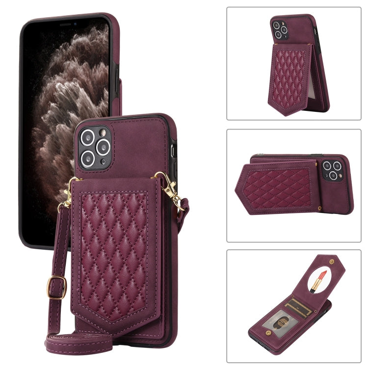 Rhombic Texture RFID Phone Case with Lanyard & Mirror, For iPhone 11 Pro, For iPhone 11, For iPhone SE 2022 / SE 2020 / 8 / 7, For iPhone 8 Plus / 7 Plus
