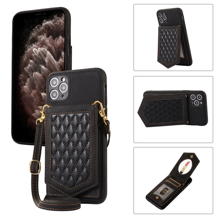 Rhombic Texture RFID Phone Case with Lanyard & Mirror, For iPhone 11 Pro, For iPhone 11, For iPhone SE 2022 / SE 2020 / 8 / 7, For iPhone 8 Plus / 7 Plus