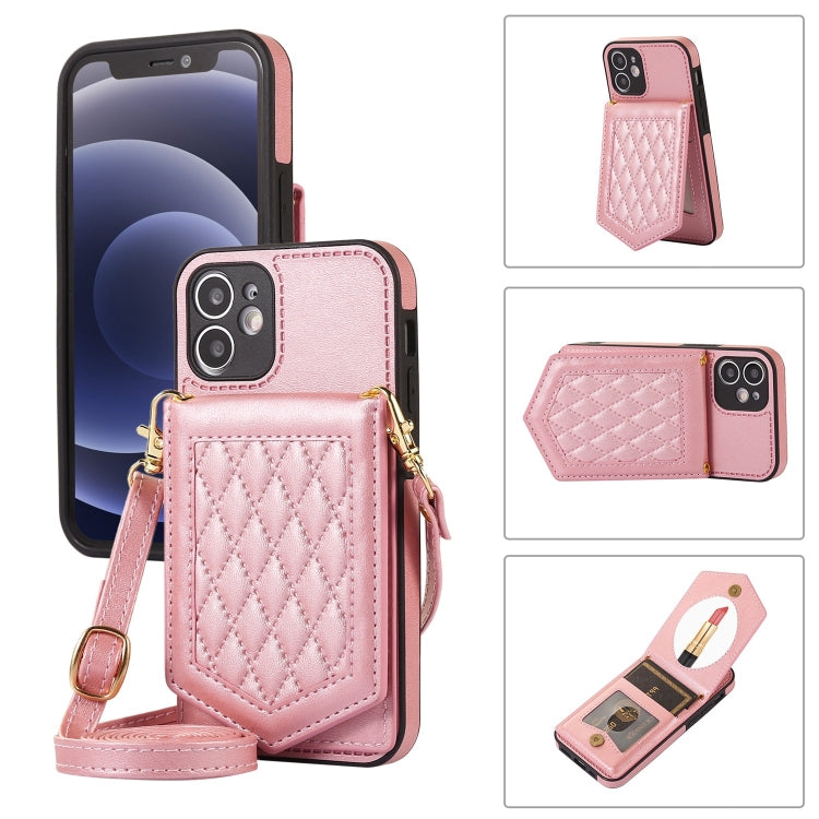 Rhombic Texture RFID Phone Case with Lanyard & Mirror, For iPhone 11 Pro, For iPhone 11, For iPhone SE 2022 / SE 2020 / 8 / 7, For iPhone 8 Plus / 7 Plus