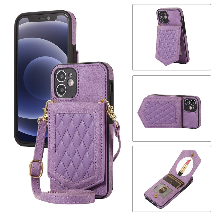 Rhombic Texture RFID Phone Case with Lanyard & Mirror, For iPhone 11 Pro, For iPhone 11, For iPhone SE 2022 / SE 2020 / 8 / 7, For iPhone 8 Plus / 7 Plus