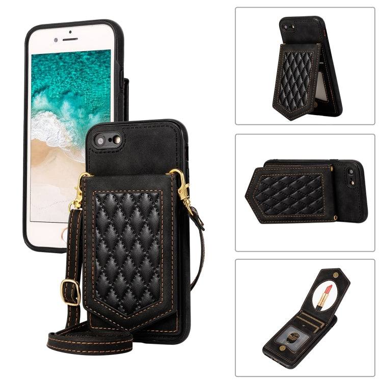 Rhombic Texture RFID Phone Case with Lanyard & Mirror, For iPhone 11 Pro, For iPhone 11, For iPhone SE 2022 / SE 2020 / 8 / 7, For iPhone 8 Plus / 7 Plus