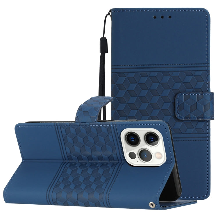 Diamond Embossed Skin Feel Leather Phone Case with Lanyard, For iPhone 13 Pro, For iPhone 13 Pro Max, For iPhone 14, For iPhone 14 Plus