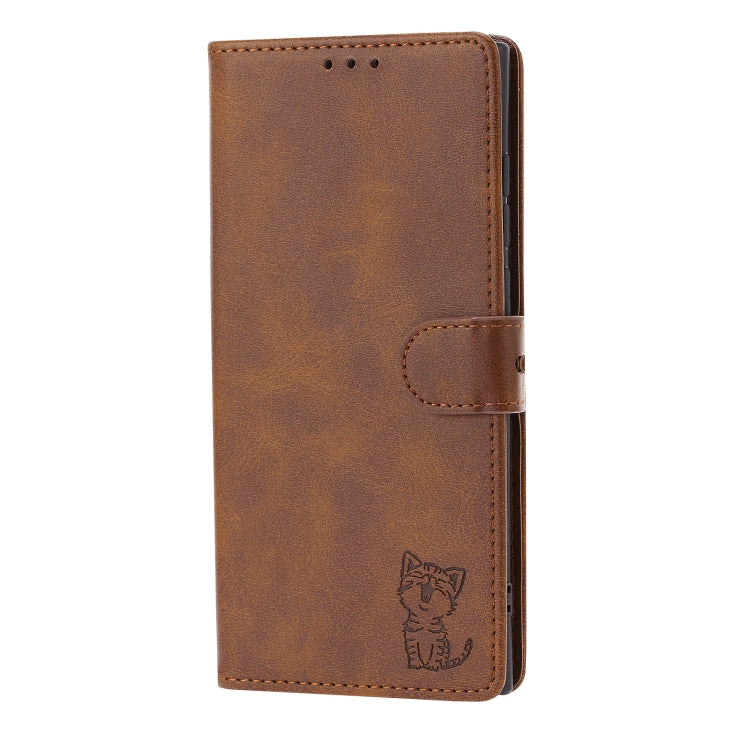 Embossed Happy Cat Pattern Flip Leather Phone Case, For Samsung Galaxy S23 Ultra 5G, For Google Pixel 7a, For Sony Xperia 5 IV