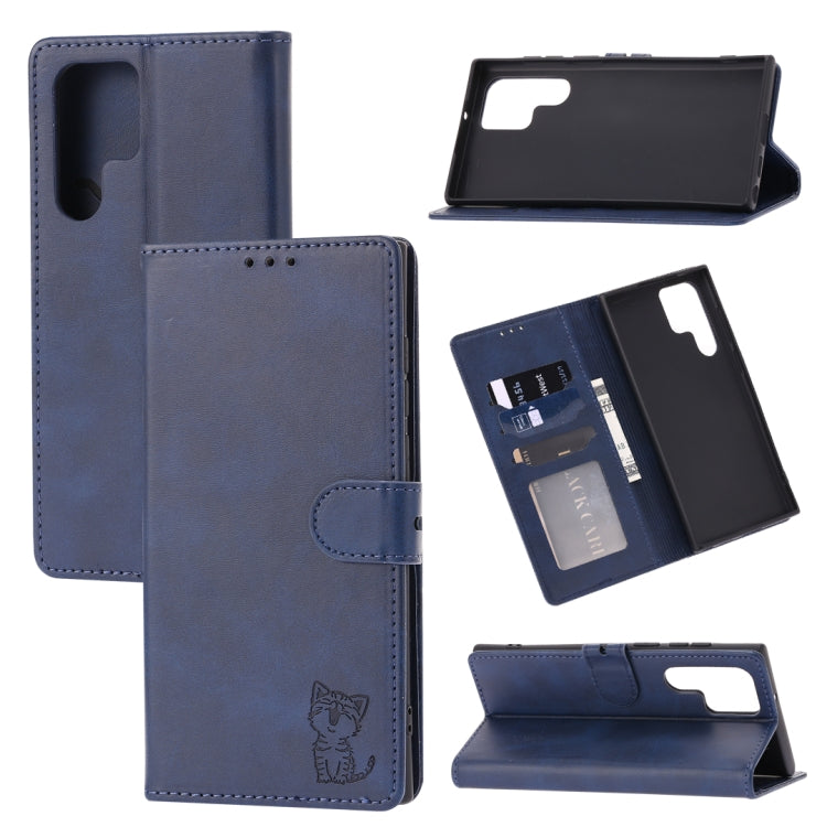 Embossed Happy Cat Pattern Flip Leather Phone Case, For Samsung Galaxy S23 Ultra 5G, For Google Pixel 7a, For Sony Xperia 5 IV