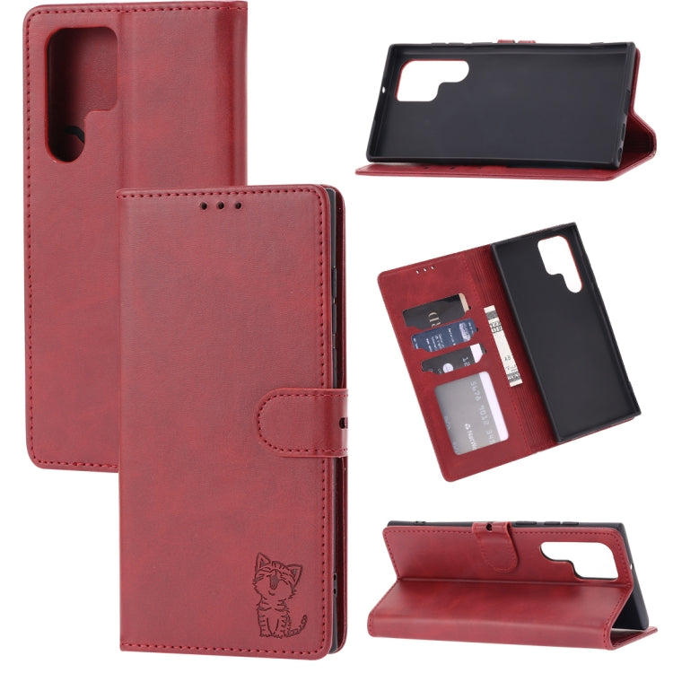 Embossed Happy Cat Pattern Flip Leather Phone Case, For Samsung Galaxy S23 Ultra 5G, For Google Pixel 7a, For Sony Xperia 5 IV
