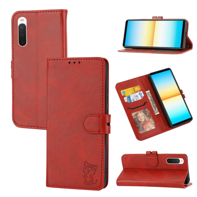 Embossed Happy Cat Pattern Flip Leather Phone Case, For Samsung Galaxy S23 Ultra 5G, For Google Pixel 7a, For Sony Xperia 5 IV