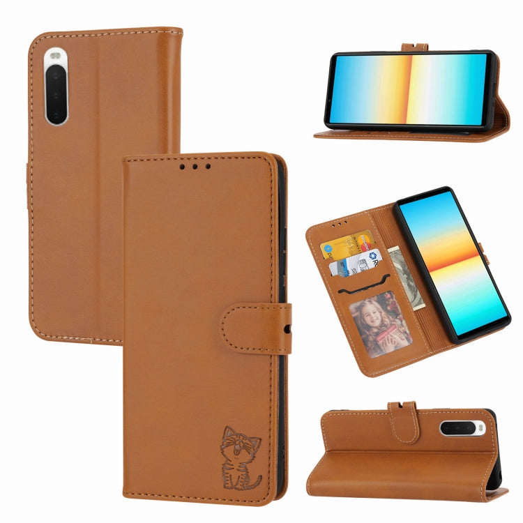 Embossed Happy Cat Pattern Flip Leather Phone Case, For Samsung Galaxy S23 Ultra 5G, For Google Pixel 7a, For Sony Xperia 5 IV