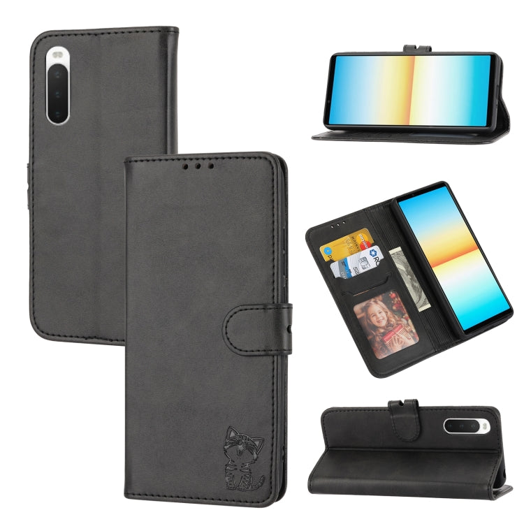 Embossed Happy Cat Pattern Flip Leather Phone Case, For Samsung Galaxy S23 Ultra 5G, For Google Pixel 7a, For Sony Xperia 5 IV