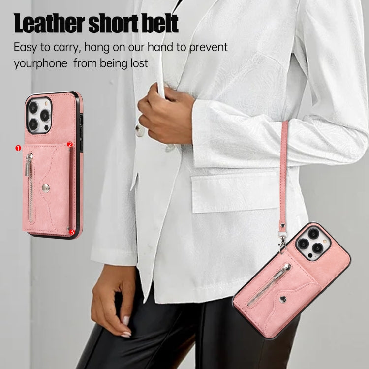 Zipper RFID Card Slot Phone Case with Short Lanyard, For iPhone 14, For iPhone 14 Plus, For iPhone 14 Pro, For iPhone 14 Pro Max