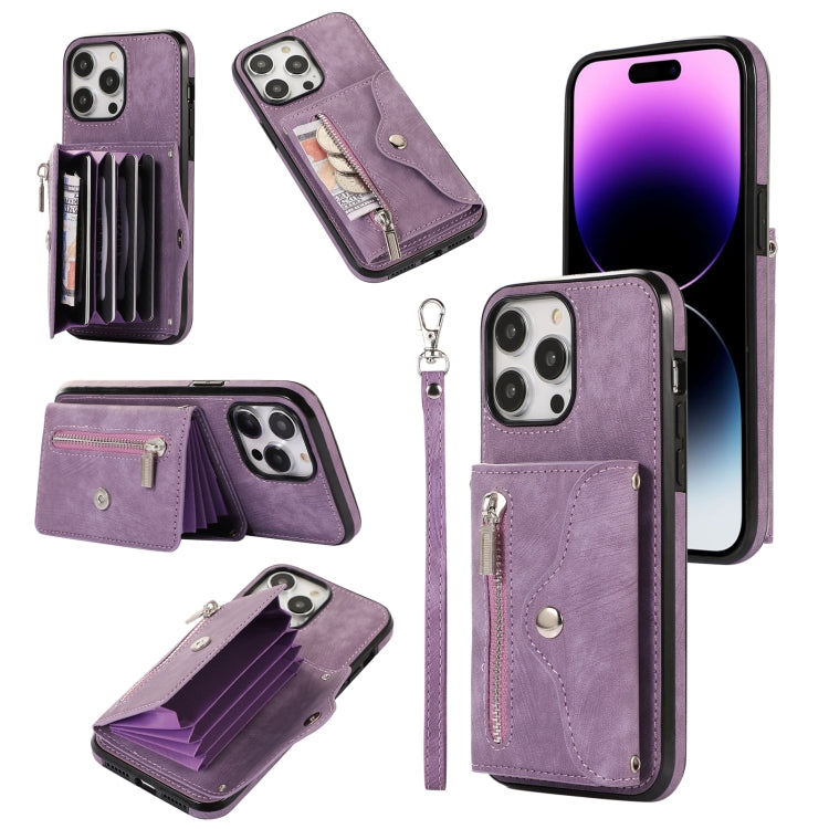 Zipper RFID Card Slot Phone Case with Short Lanyard, For iPhone 13 mini, For iPhone 13, For iPhone 13 Pro, For iPhone 13 Pro Max