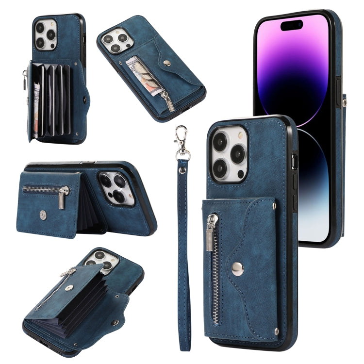 Zipper RFID Card Slot Phone Case with Short Lanyard, For iPhone 13 mini, For iPhone 13, For iPhone 13 Pro, For iPhone 13 Pro Max