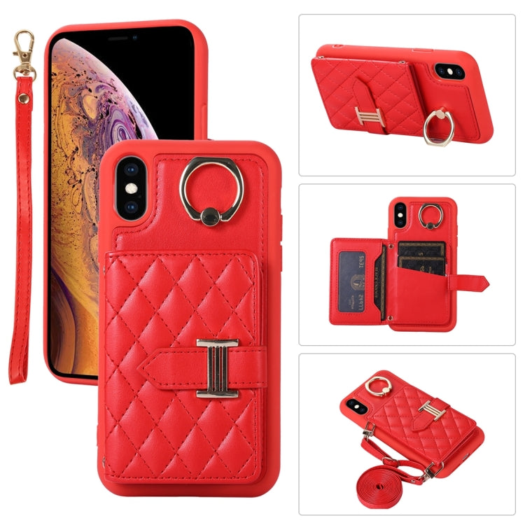 Horizontal Card Bag Ring Holder Phone Case with Dual Lanyard, For iPhone 11 Pro, For iPhone X / XS, For iPhone XR