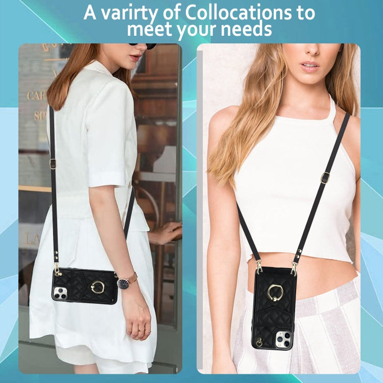 Rhombic Texture Card Bag Phone Case with Long Lanyard