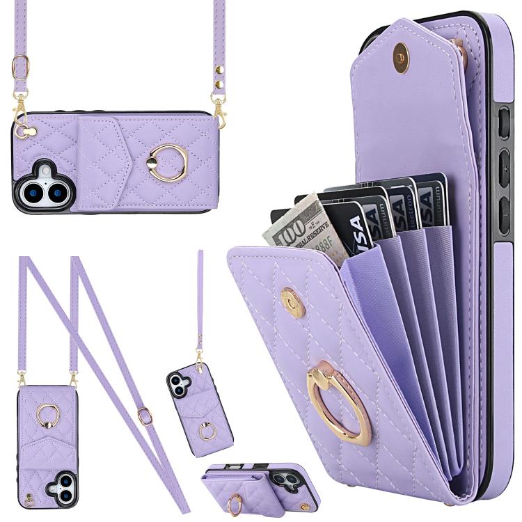 Rhombic Texture Card Bag Phone Case with Long Lanyard
