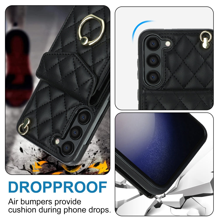 Rhombic Texture Card Bag Phone Case with Long Lanyard