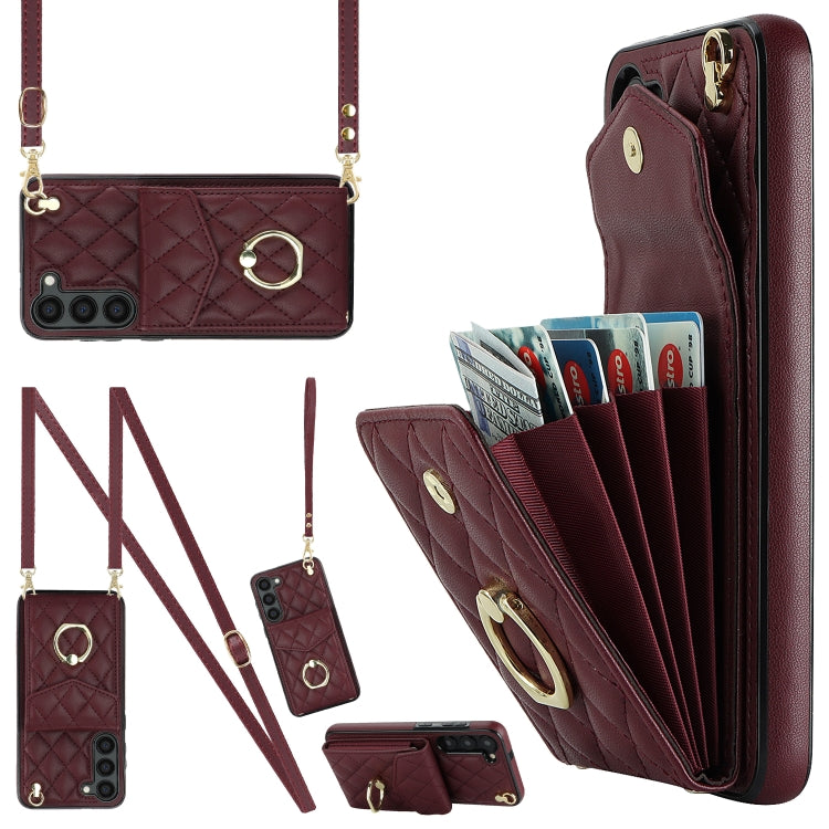 Rhombic Texture Card Bag Phone Case with Long Lanyard