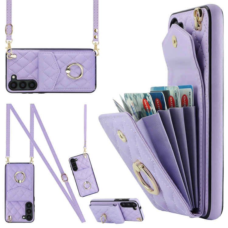 Rhombic Texture Card Bag Phone Case with Long Lanyard