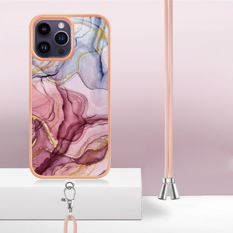 Electroplating Marble Dual-side IMD Phone Case with Lanyard, For iPhone 16 Pro Max, For iPhone 16 Pro, For iPhone 16 Plus, For iPhone 16