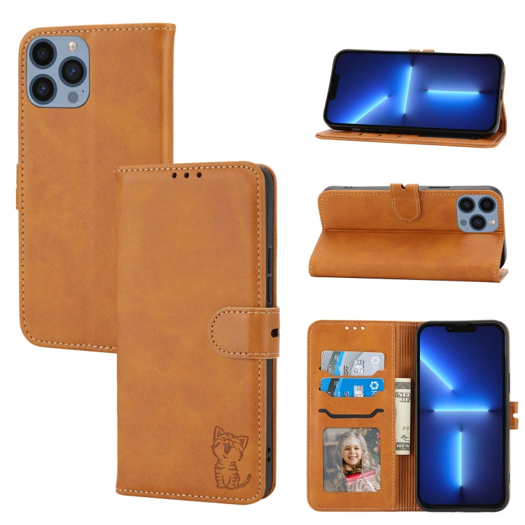 Embossed Happy Cat Pattern Flip Leather Phone Case, For iPhone 15 Pro Max, For iPhone 15 Pro, For iPhone 15 Plus, For iPhone 15