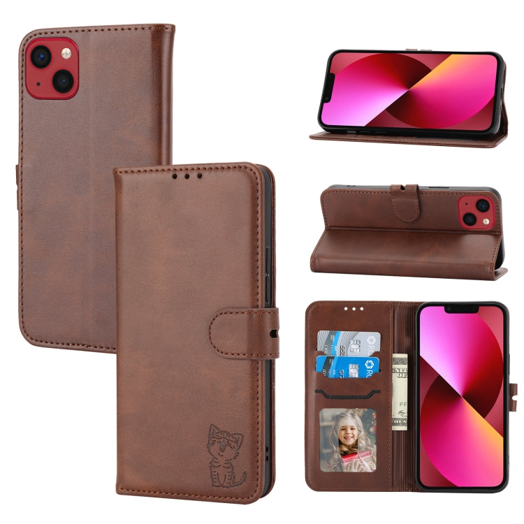 Embossed Happy Cat Pattern Flip Leather Phone Case, For iPhone 15 Pro Max, For iPhone 15 Pro, For iPhone 15 Plus, For iPhone 15