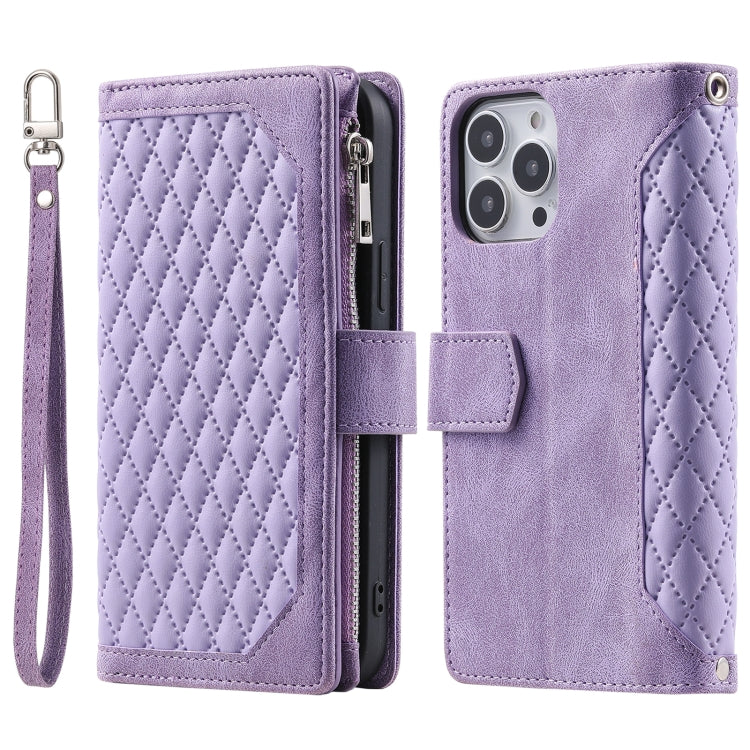 Grid Texture Zipper Leather Phone Case with Lanyard