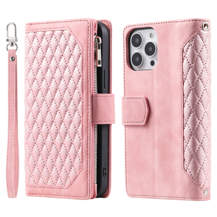 Grid Texture Zipper Leather Phone Case with Lanyard