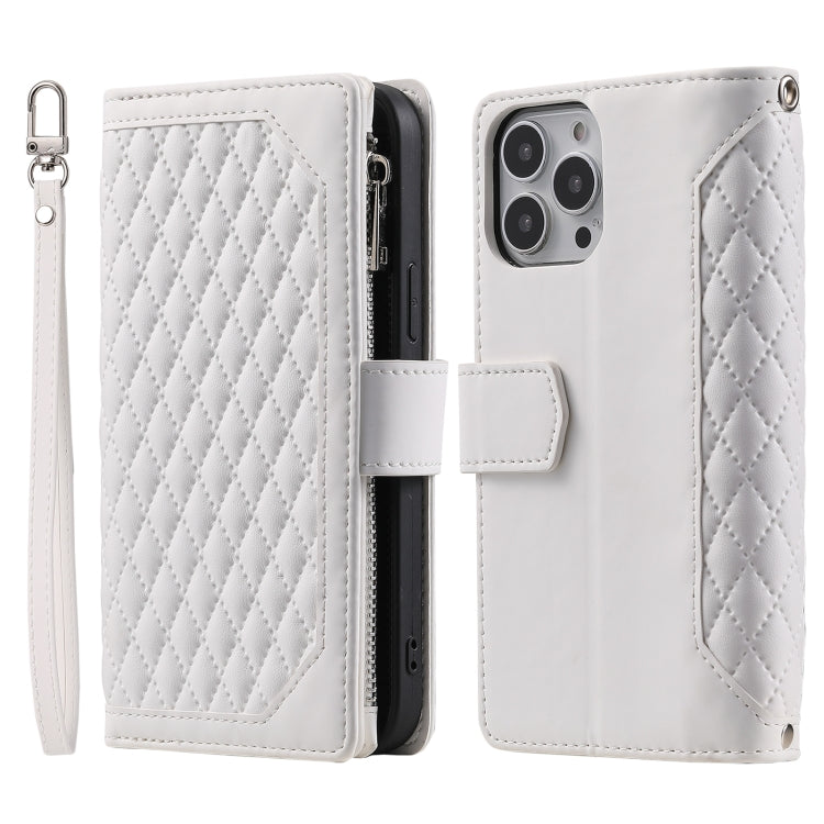 Grid Texture Zipper Leather Phone Case with Lanyard