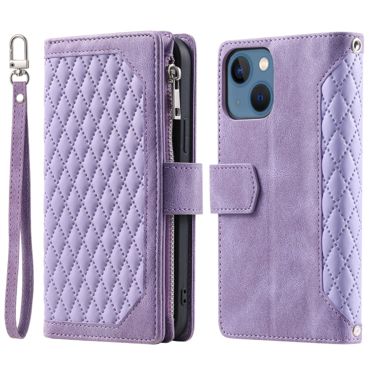 Grid Texture Zipper Leather Phone Case with Lanyard