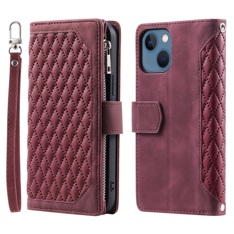 Grid Texture Zipper Leather Phone Case with Lanyard