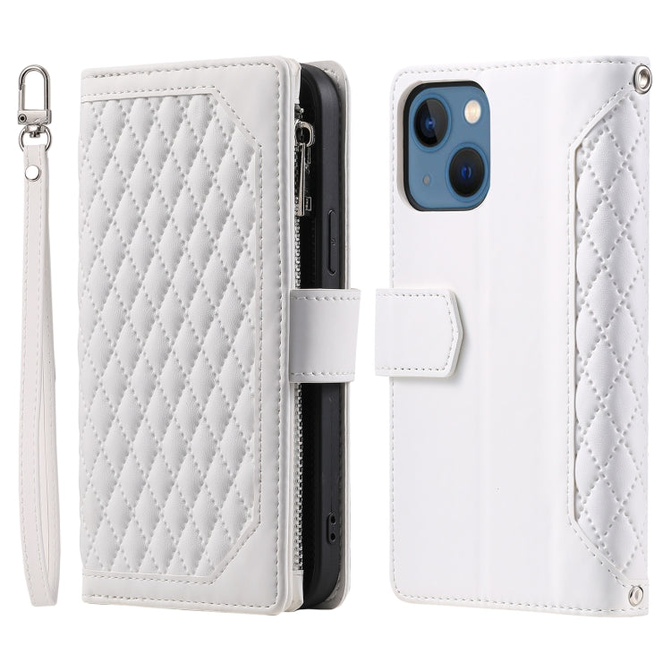 Grid Texture Zipper Leather Phone Case with Lanyard