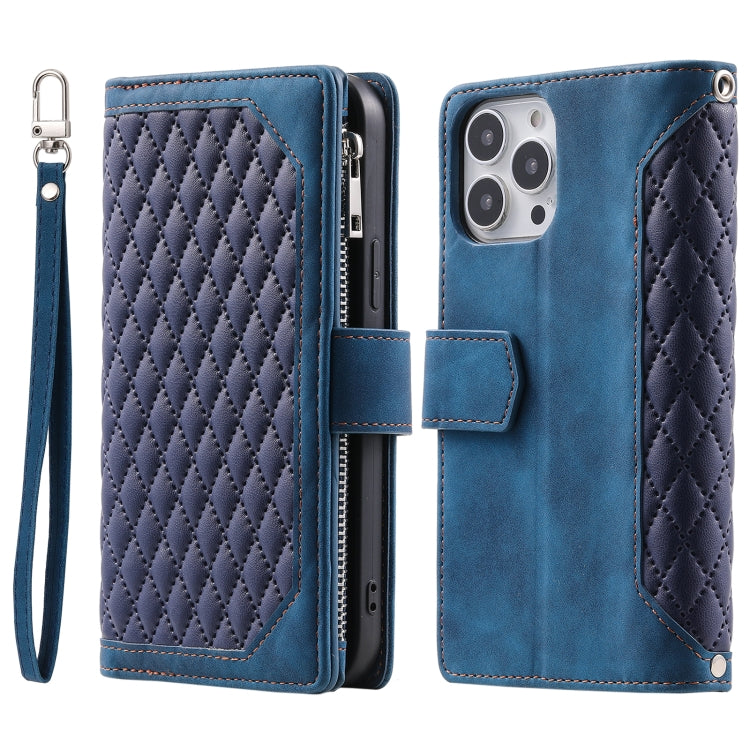 Grid Texture Zipper Leather Phone Case with Lanyard