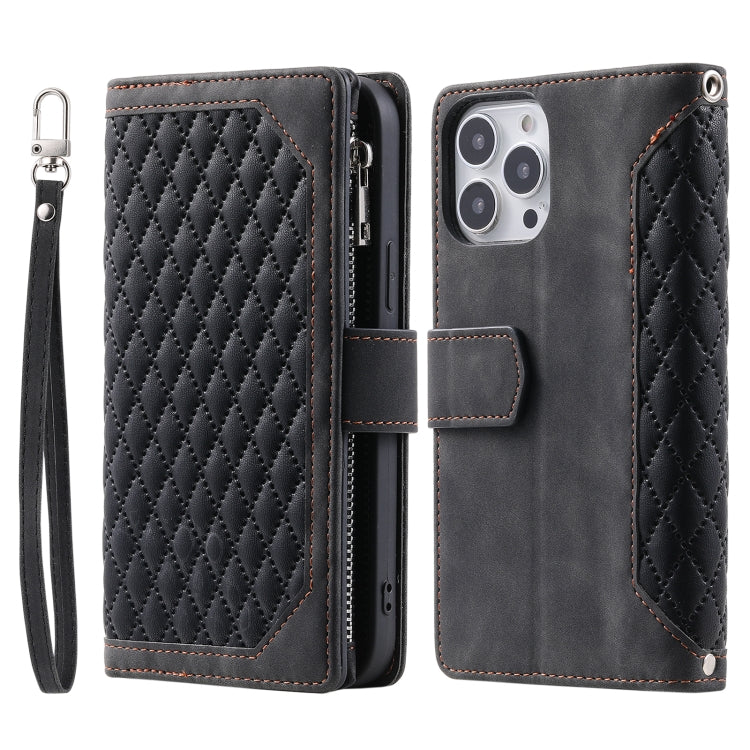 Grid Texture Zipper Leather Phone Case with Lanyard