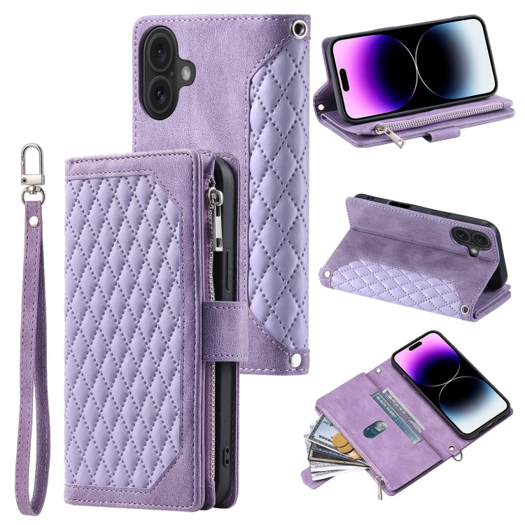 Grid Texture Zipper Leather Phone Case with Lanyard