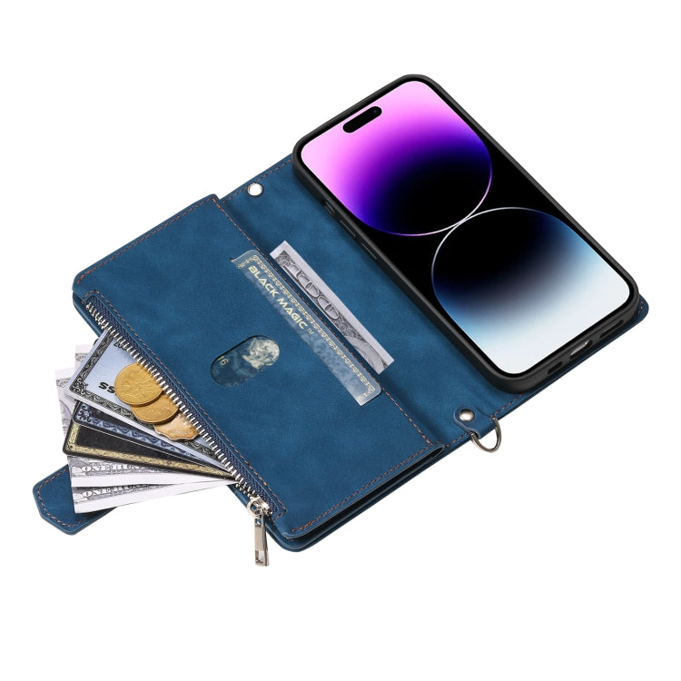 Grid Texture Zipper Leather Phone Case with Lanyard
