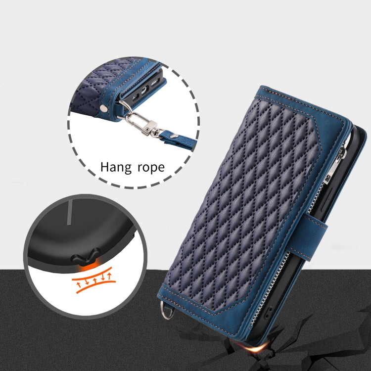 Grid Texture Zipper Leather Phone Case with Lanyard