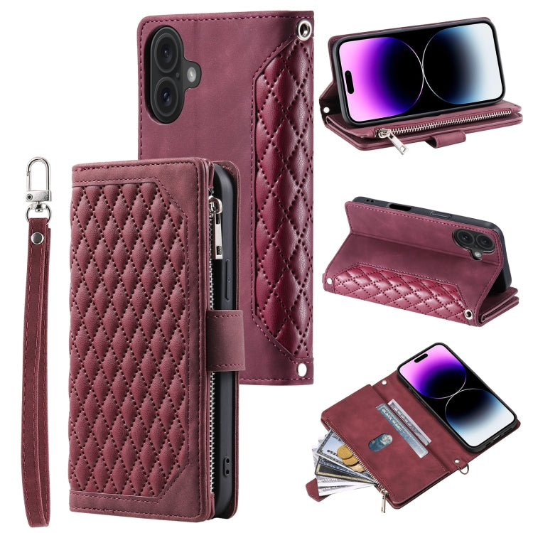 Grid Texture Zipper Leather Phone Case with Lanyard