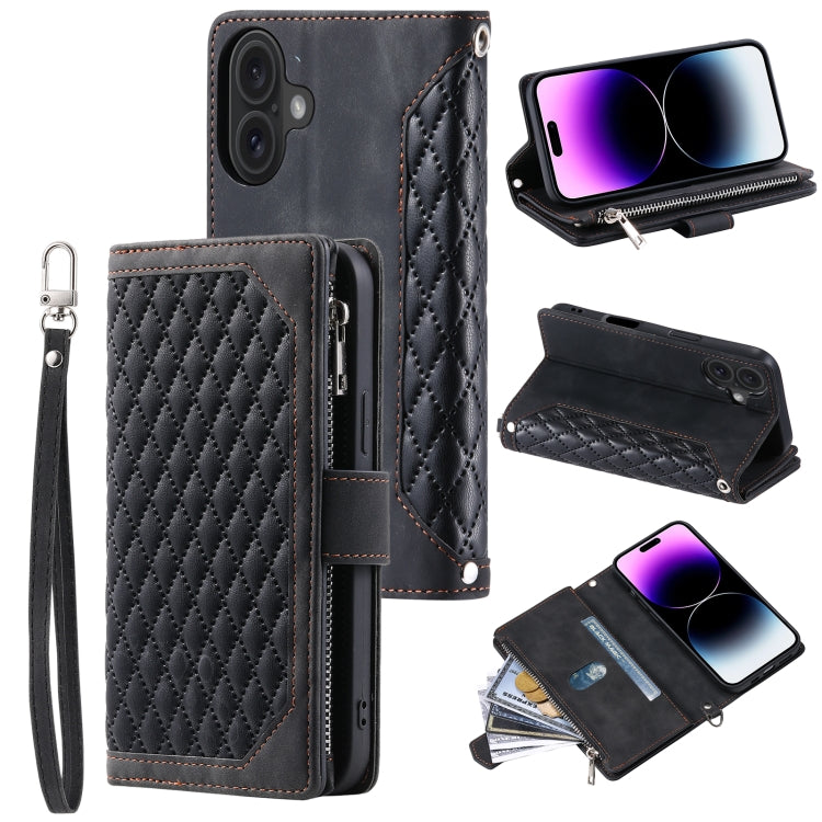 Grid Texture Zipper Leather Phone Case with Lanyard