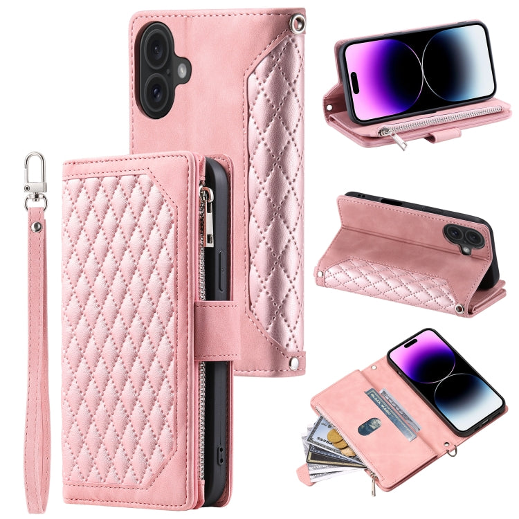 Grid Texture Zipper Leather Phone Case with Lanyard