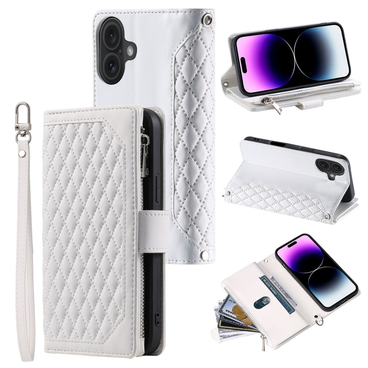 Grid Texture Zipper Leather Phone Case with Lanyard