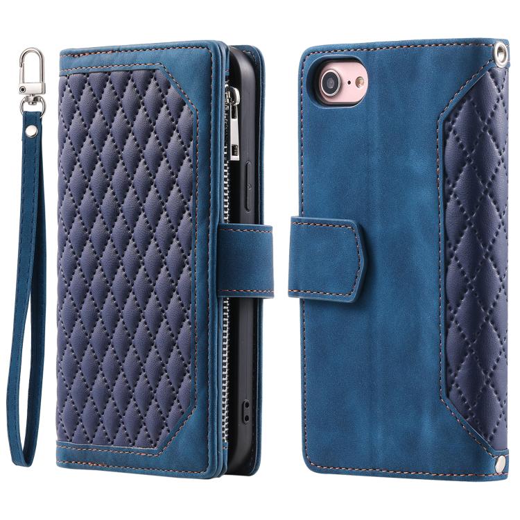 Grid Texture Zipper Leather Phone Case with Lanyard