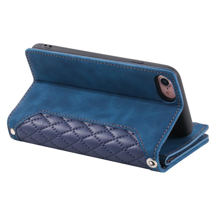 Grid Texture Zipper Leather Phone Case with Lanyard