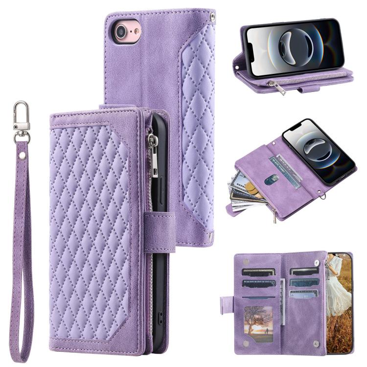 Grid Texture Zipper Leather Phone Case with Lanyard