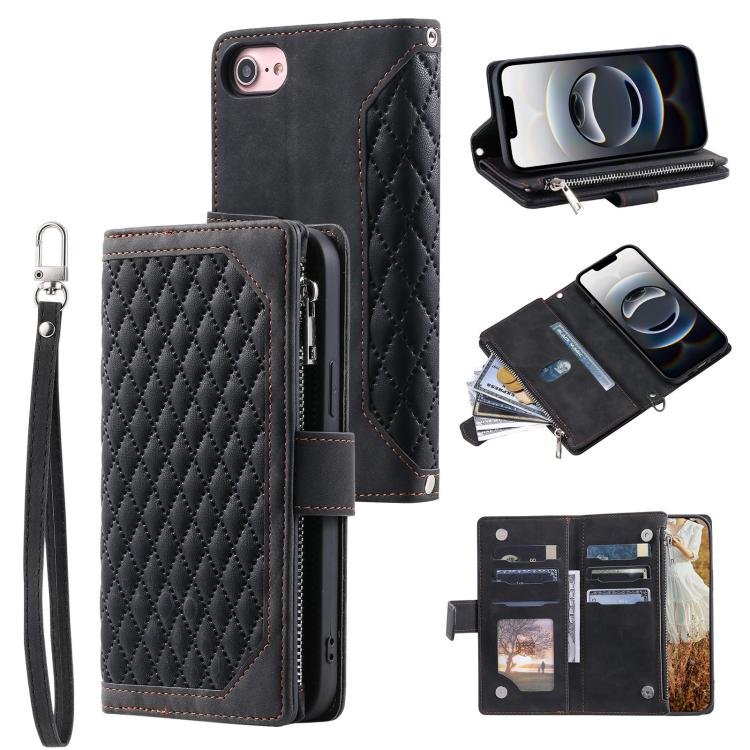 Grid Texture Zipper Leather Phone Case with Lanyard
